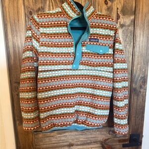 Patagonia Men's Teal and Brown Patterned Zip-Up Sweater